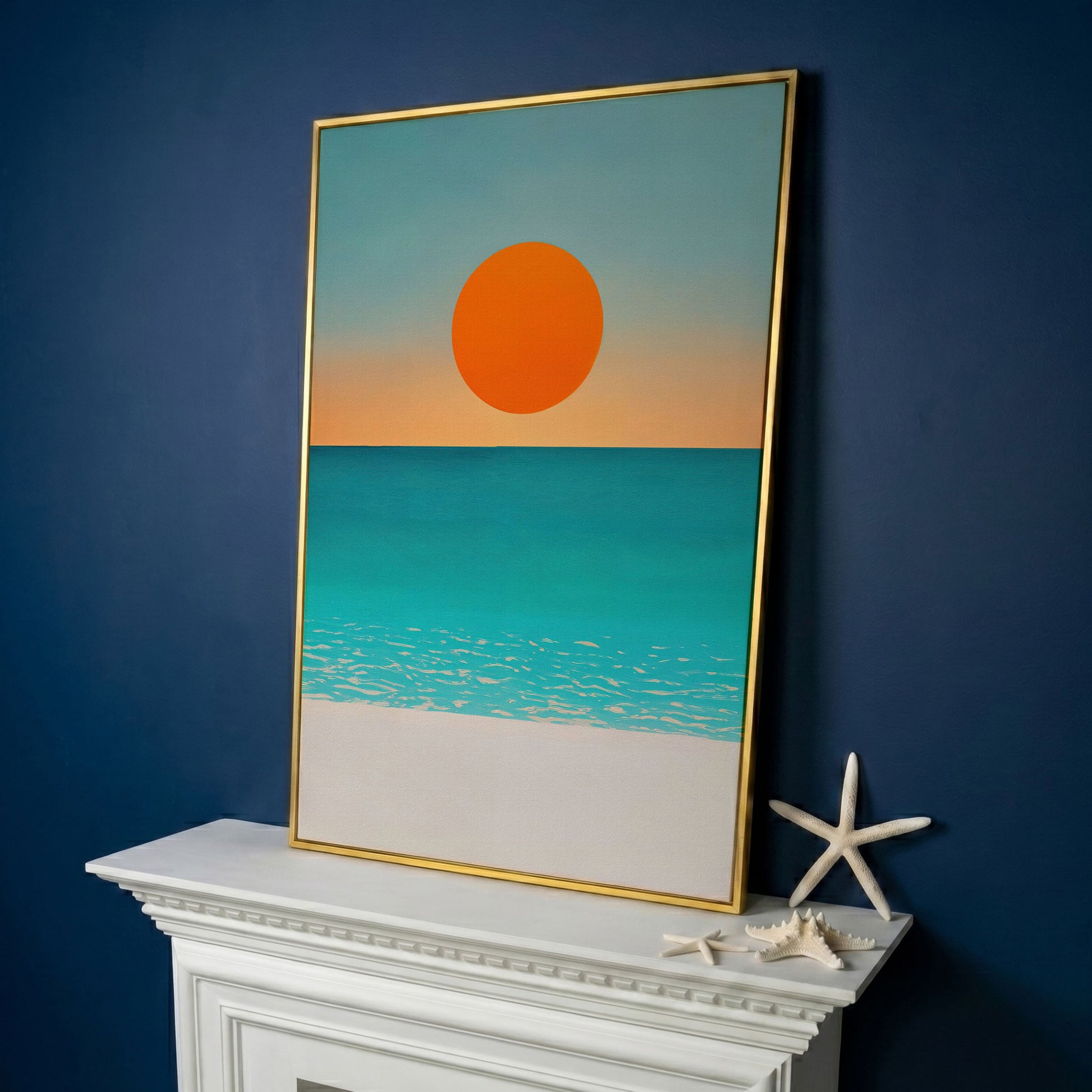 Minimalist Beach Sunset Seascape Canvas Wall Art in yellow gold floating frame