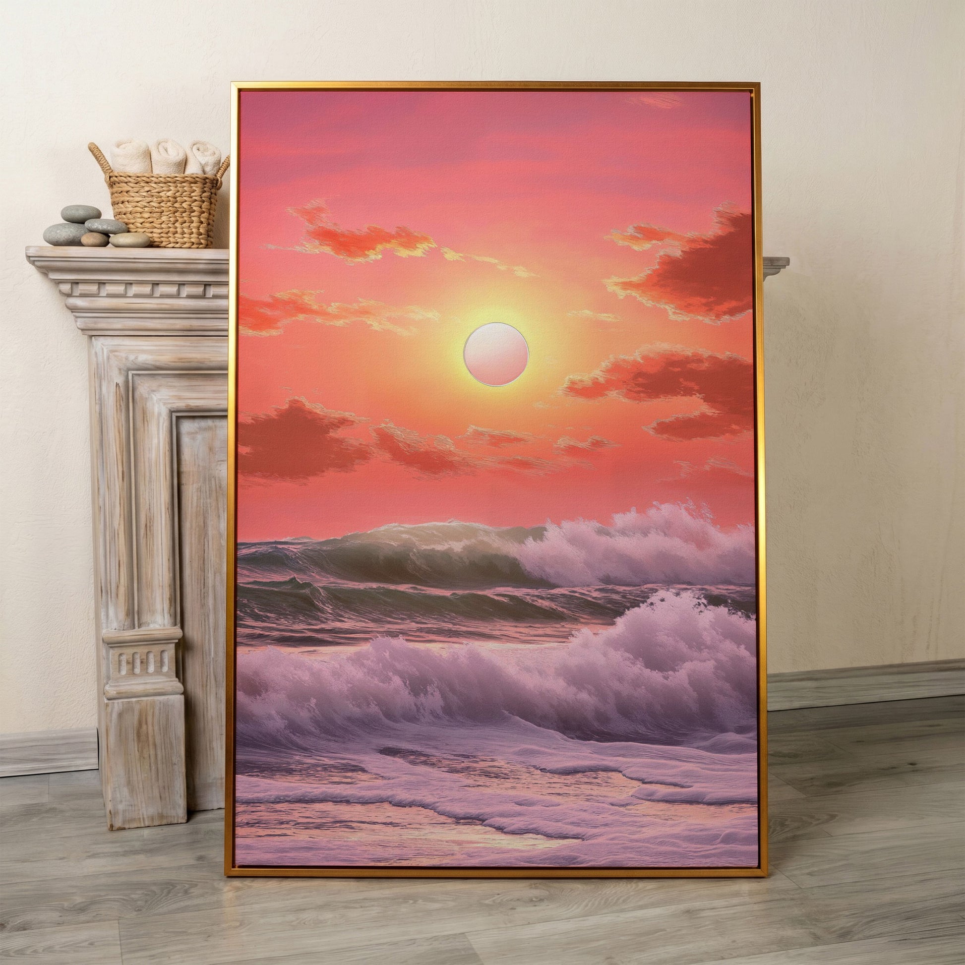Crashing Waves at Sunset Canvas Print, Vibrant Ocean Seascape Art in antique gold floating frame