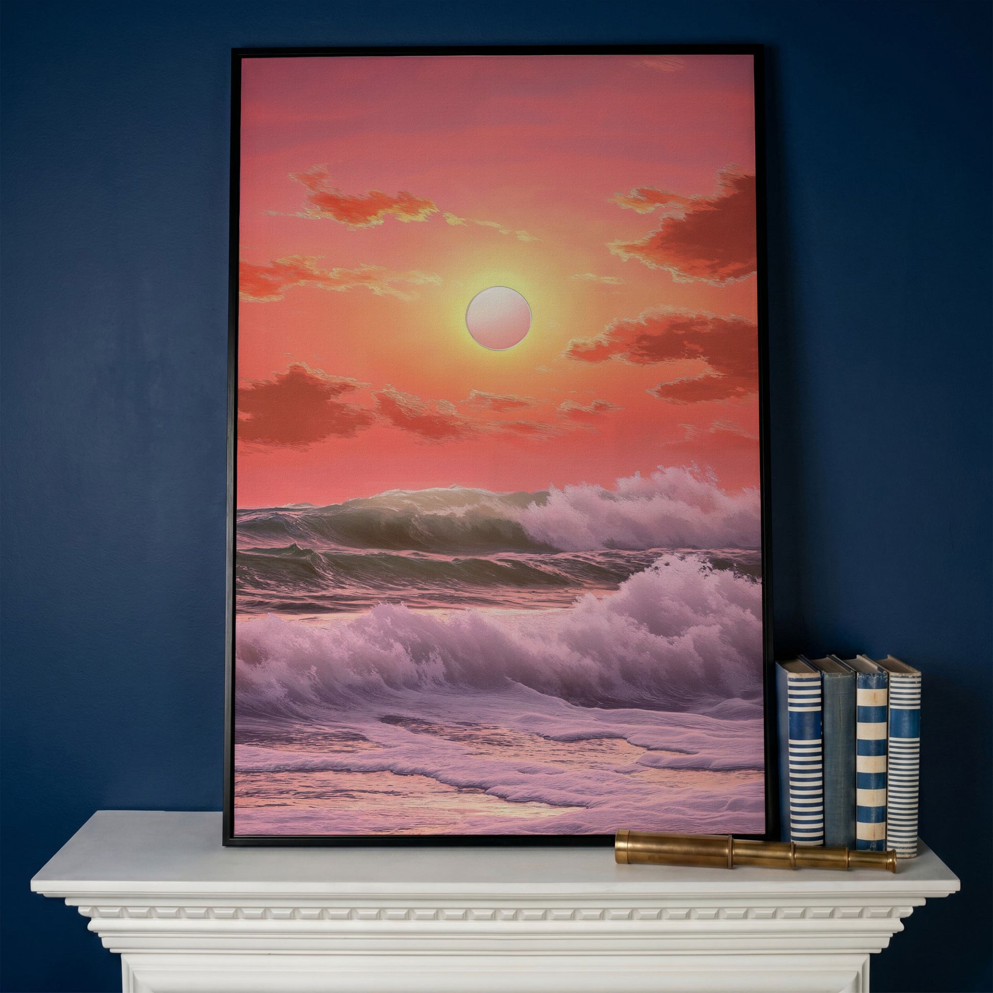 Crashing Waves at Sunset Canvas Print, Vibrant Ocean Seascape Art in black floating frame
