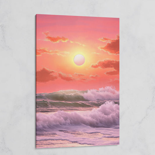 Crashing Waves at Sunset Canvas Print, Vibrant Ocean Seascape Art on gallery wrap