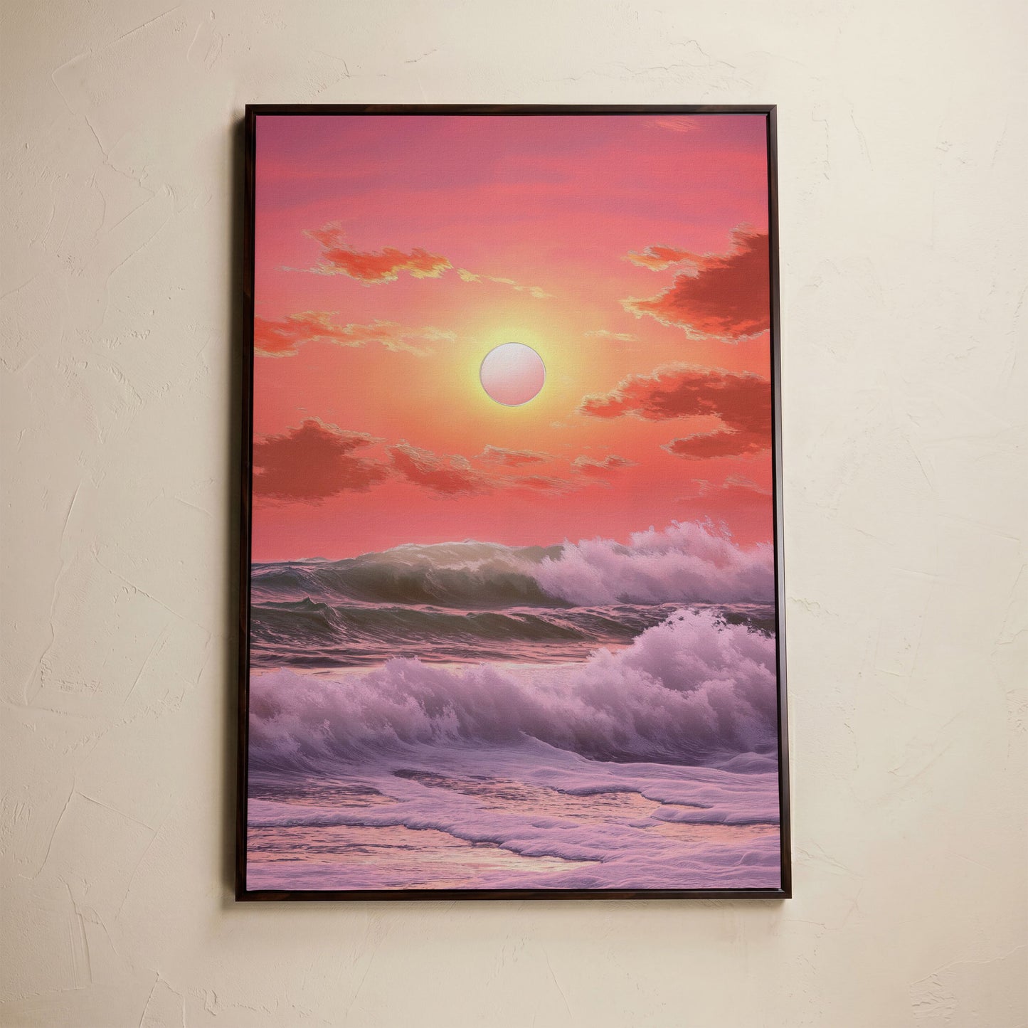 Crashing Waves at Sunset Canvas Print, Vibrant Ocean Seascape Art in dark walnut floating frame