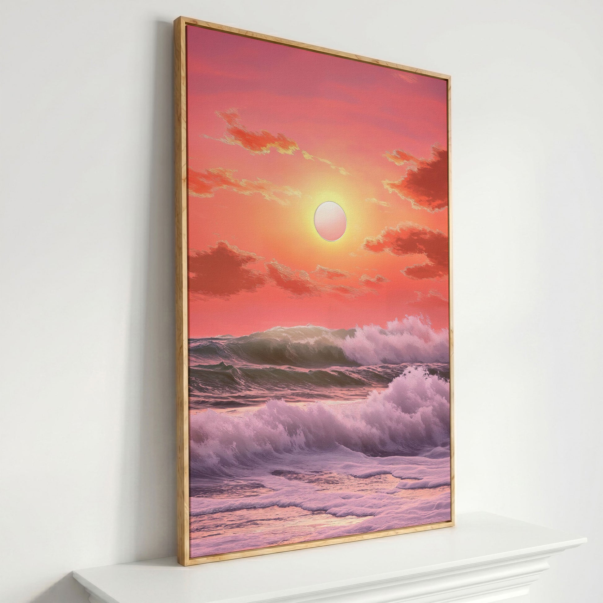 Crashing Waves at Sunset Canvas Print, Vibrant Ocean Seascape Art in white oak floating frame