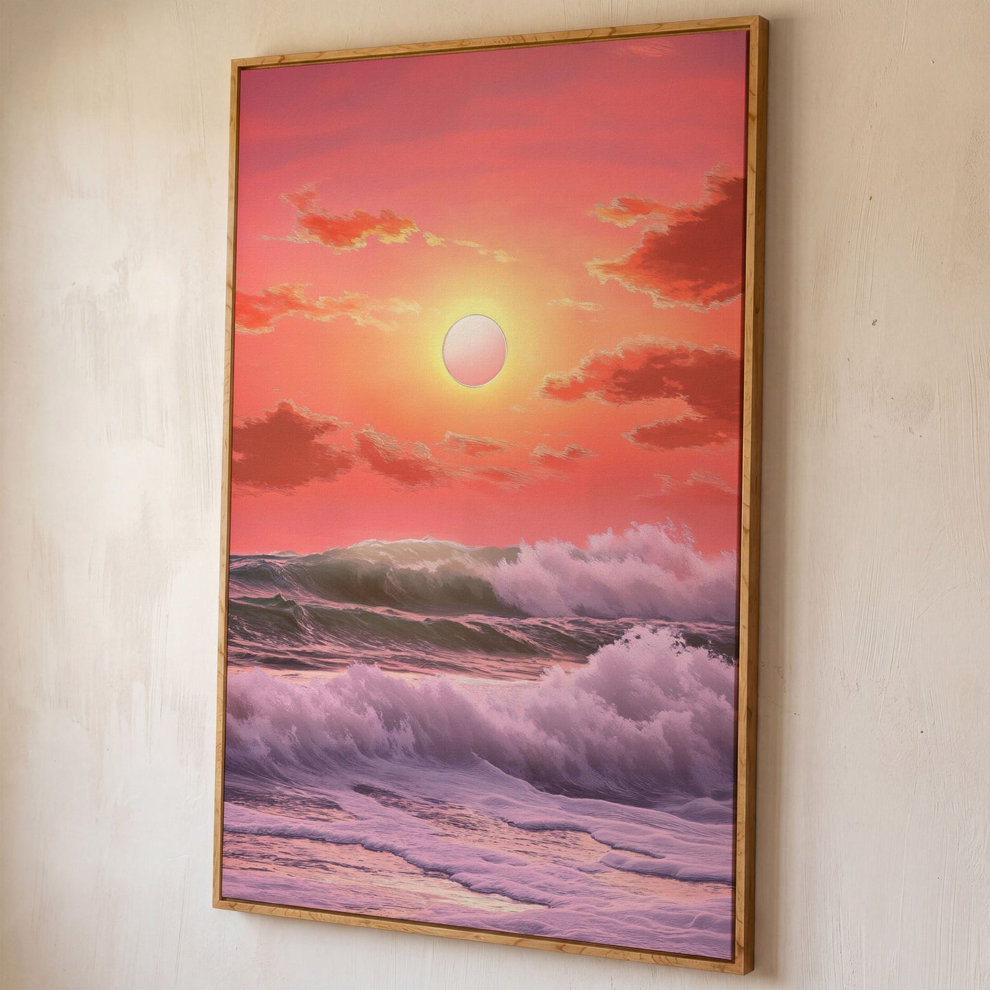 Crashing Waves at Sunset Canvas Print, Vibrant Ocean Seascape Art shown in white oak floating frame