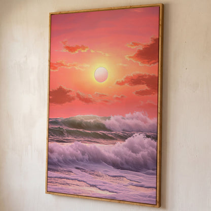 Crashing Waves at Sunset Canvas Print, Vibrant Ocean Seascape Art shown in white oak floating frame
