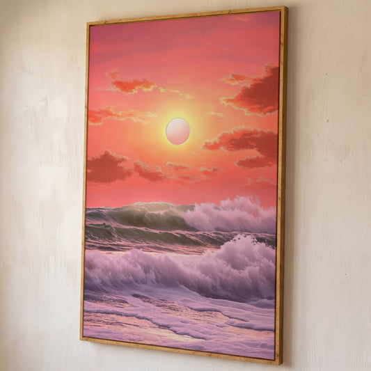 Crashing Waves at Sunset Canvas Print, Vibrant Ocean Seascape Art shown in white oak floating frame