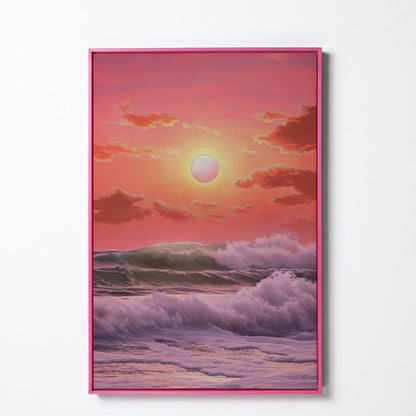 Crashing Waves at Sunset Canvas Print, Vibrant Ocean Seascape Art in pink floating frame