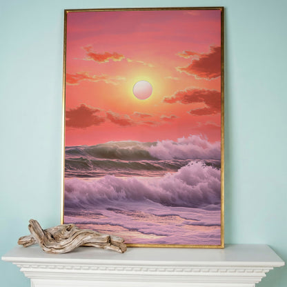 Crashing Waves at Sunset Canvas Print, Vibrant Ocean Seascape Art in rose gold floating frame