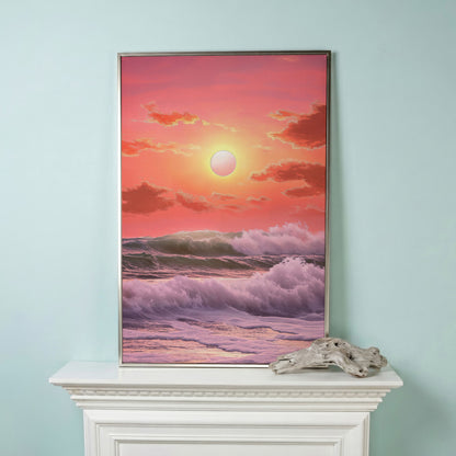 Crashing Waves at Sunset Canvas Print, Vibrant Ocean Seascape Art in silver floating frame