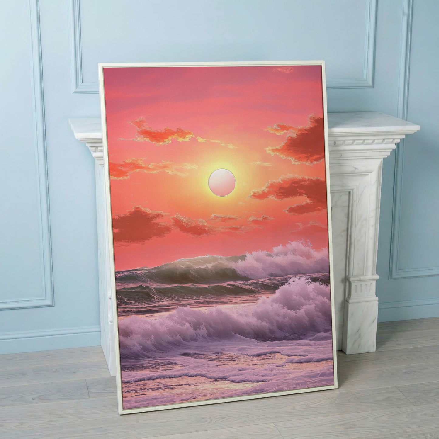 Crashing Waves at Sunset Canvas Print, Vibrant Ocean Seascape Art in white floating frame