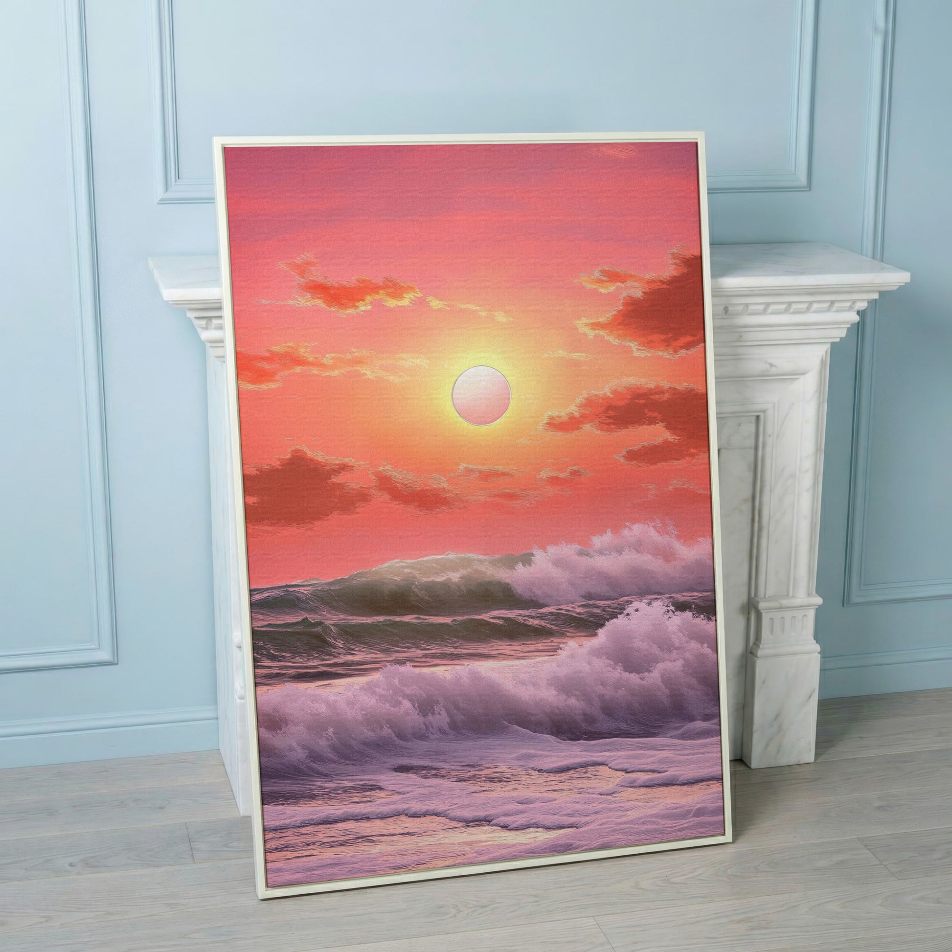 Crashing Waves at Sunset Canvas Print, Vibrant Ocean Seascape Art in white floating frame