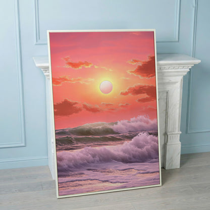 Crashing Waves at Sunset Canvas Print, Vibrant Ocean Seascape Art in white floating frame
