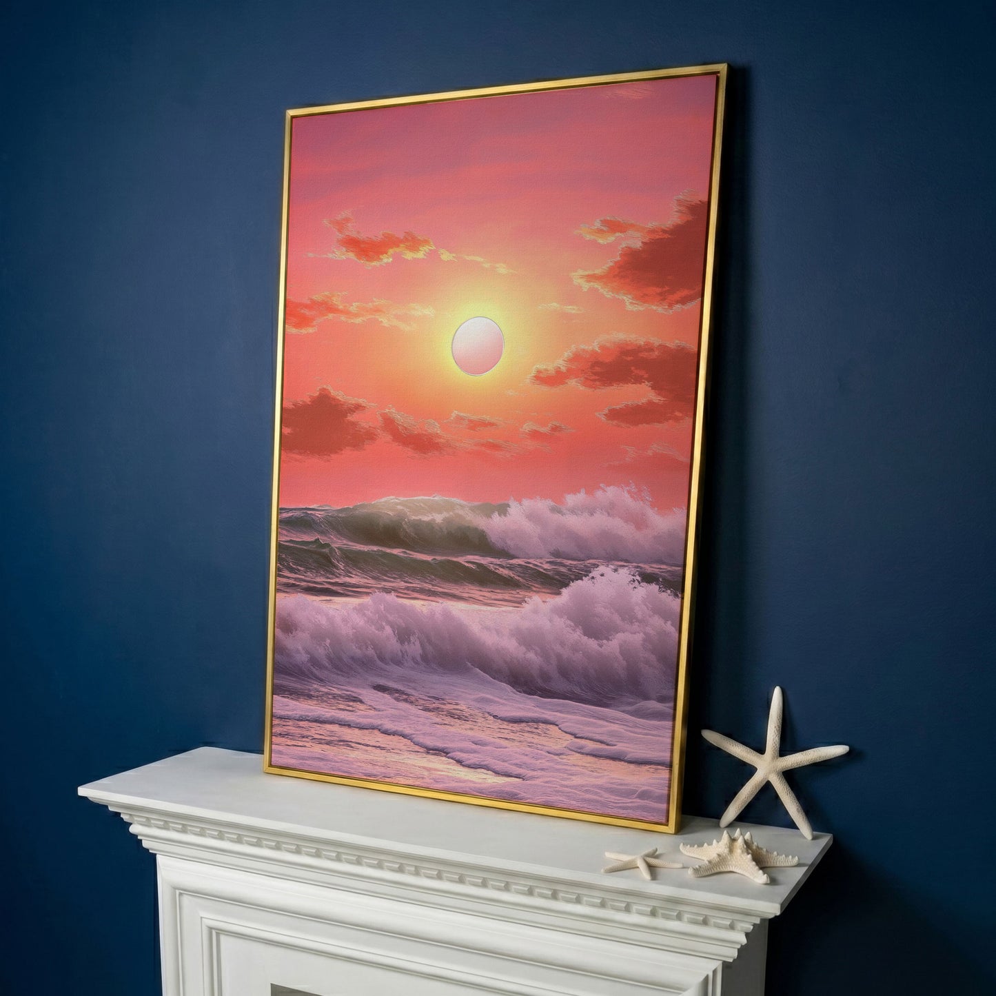 Crashing Waves at Sunset Canvas Print, Vibrant Ocean Seascape Art in yellow gold floating frame