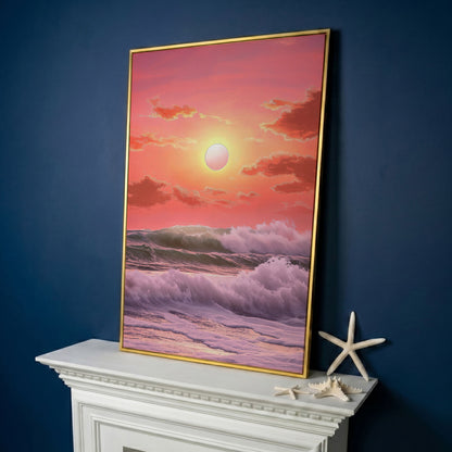 Crashing Waves at Sunset Canvas Print, Vibrant Ocean Seascape Art in yellow gold floating frame