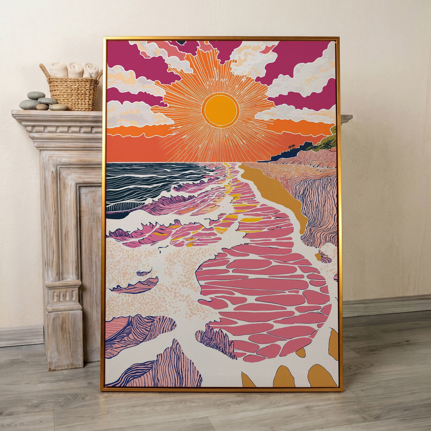 Coastal Sunset Seascape Canvas Art with Waves and Shore Grasses in antique gold floating frame
