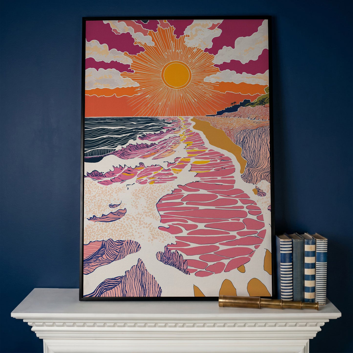 Coastal Sunset Seascape Canvas Art with Waves and Shore Grasses in black floating frame