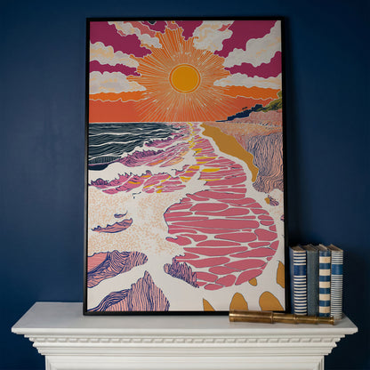 Coastal Sunset Seascape Canvas Art with Waves and Shore Grasses in black floating frame