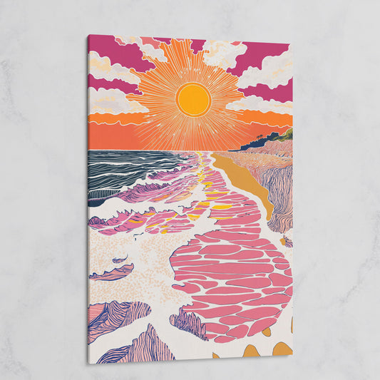 Coastal Sunset Seascape Canvas Art with Waves and Shore Grasses on gallery wrap
