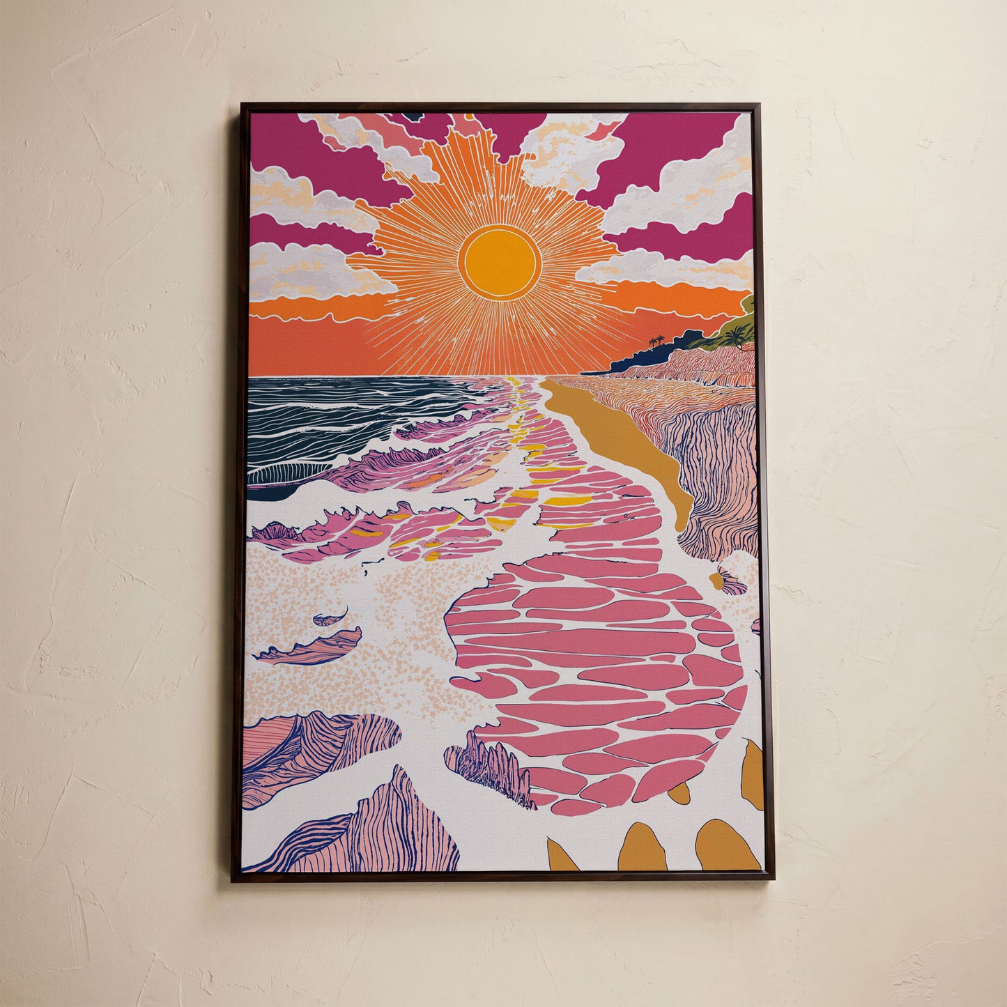 Coastal Sunset Seascape Canvas Art with Waves and Shore Grasses in dark walnut floating frame