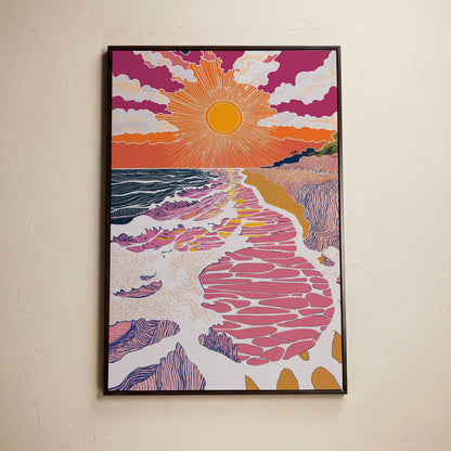 Coastal Sunset Seascape Canvas Art with Waves and Shore Grasses in dark walnut floating frame