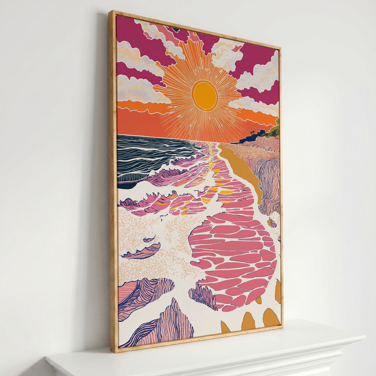 Coastal Sunset Seascape Canvas Art with Waves and Shore Grasses in white oak floating frame