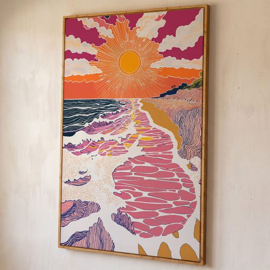 Coastal Sunset Seascape Canvas Art with Waves and Shore Grasses shown in white oak floating frame