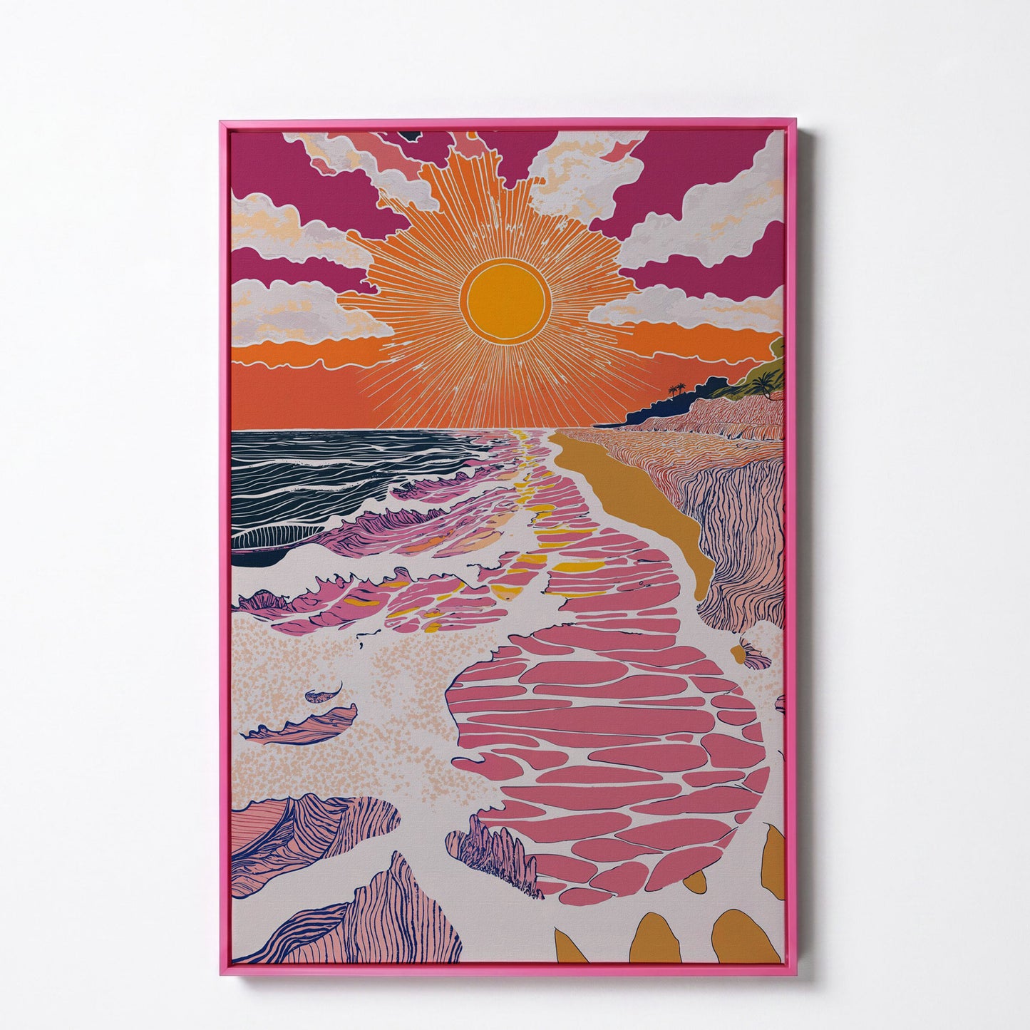 Coastal Sunset Seascape Canvas Art with Waves and Shore Grasses in pink floating frame