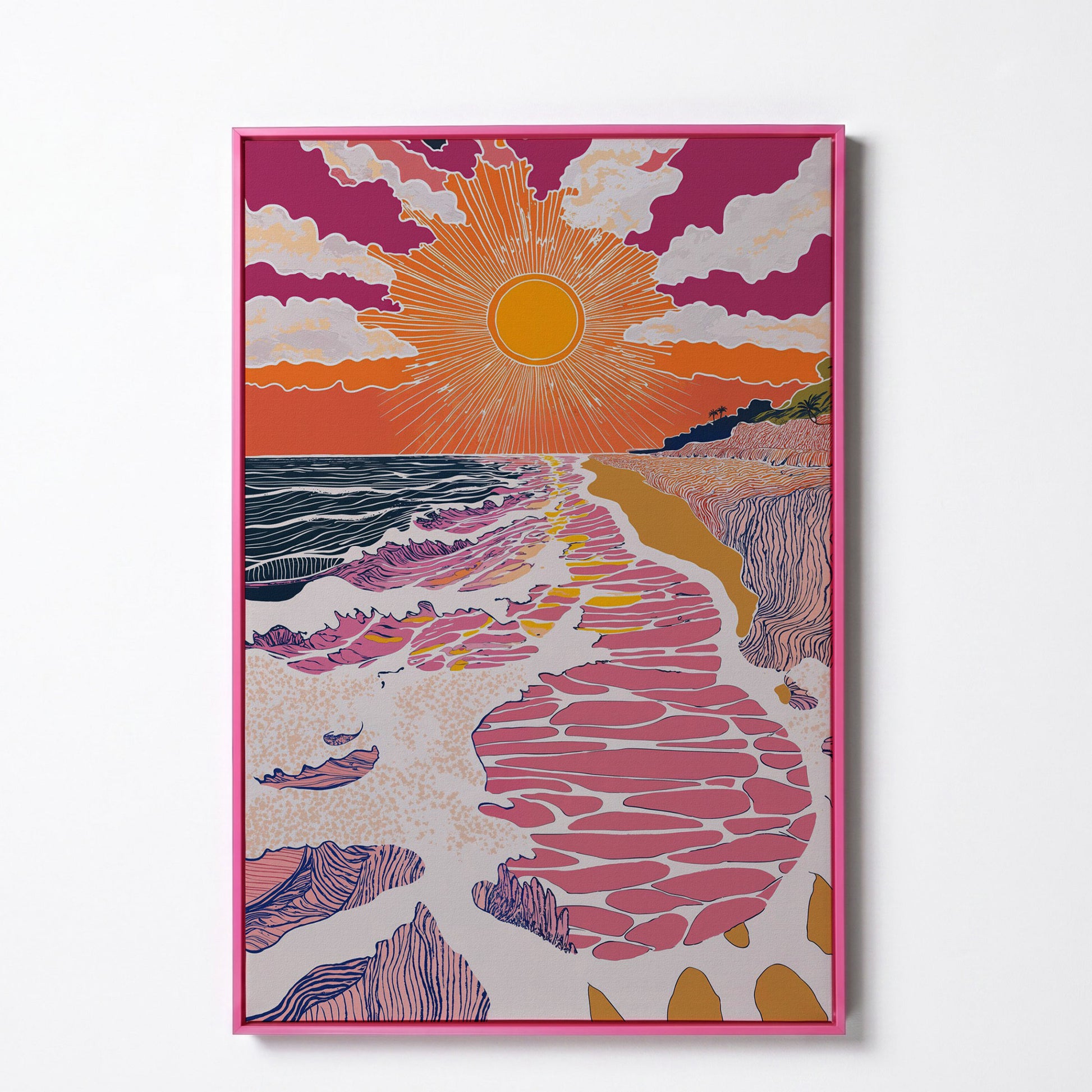 Coastal Sunset Seascape Canvas Art with Waves and Shore Grasses in pink floating frame
