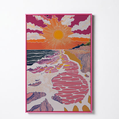 Coastal Sunset Seascape Canvas Art with Waves and Shore Grasses in pink floating frame