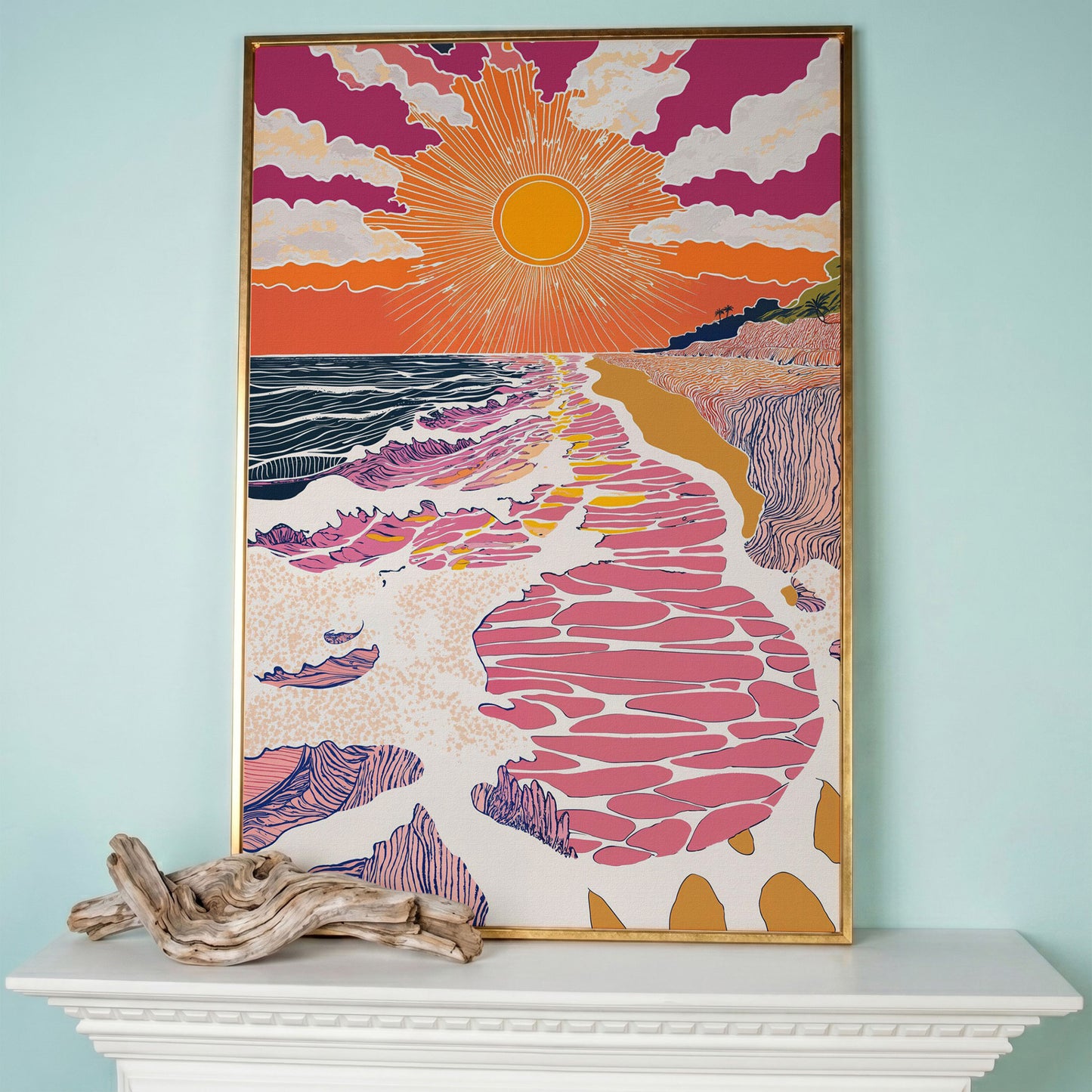 Coastal Sunset Seascape Canvas Art with Waves and Shore Grasses in rose gold floating frame
