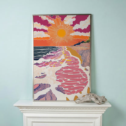 Coastal Sunset Seascape Canvas Art with Waves and Shore Grasses in silver floating frame