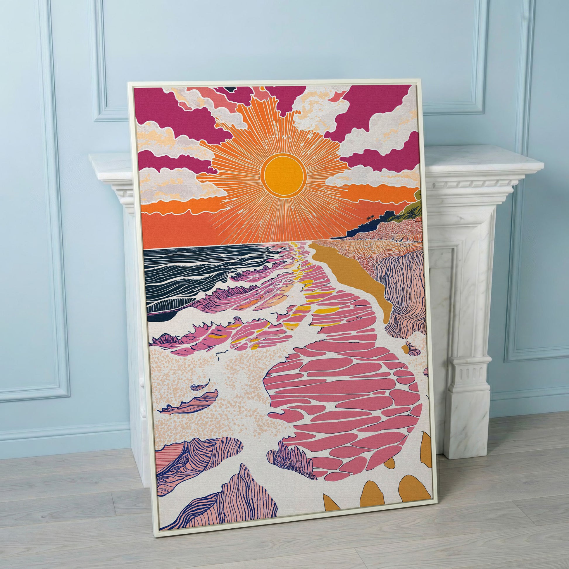 Coastal Sunset Seascape Canvas Art with Waves and Shore Grasses in white floating frame