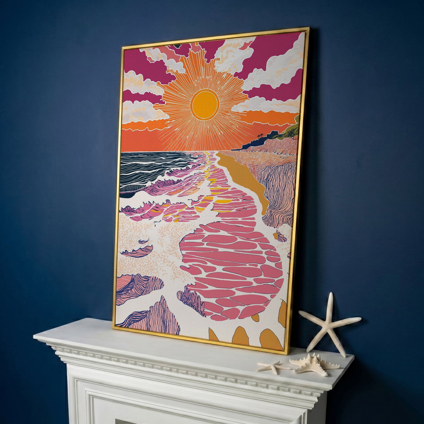 Coastal Sunset Seascape Canvas Art with Waves and Shore Grasses in yellow gold floating frame