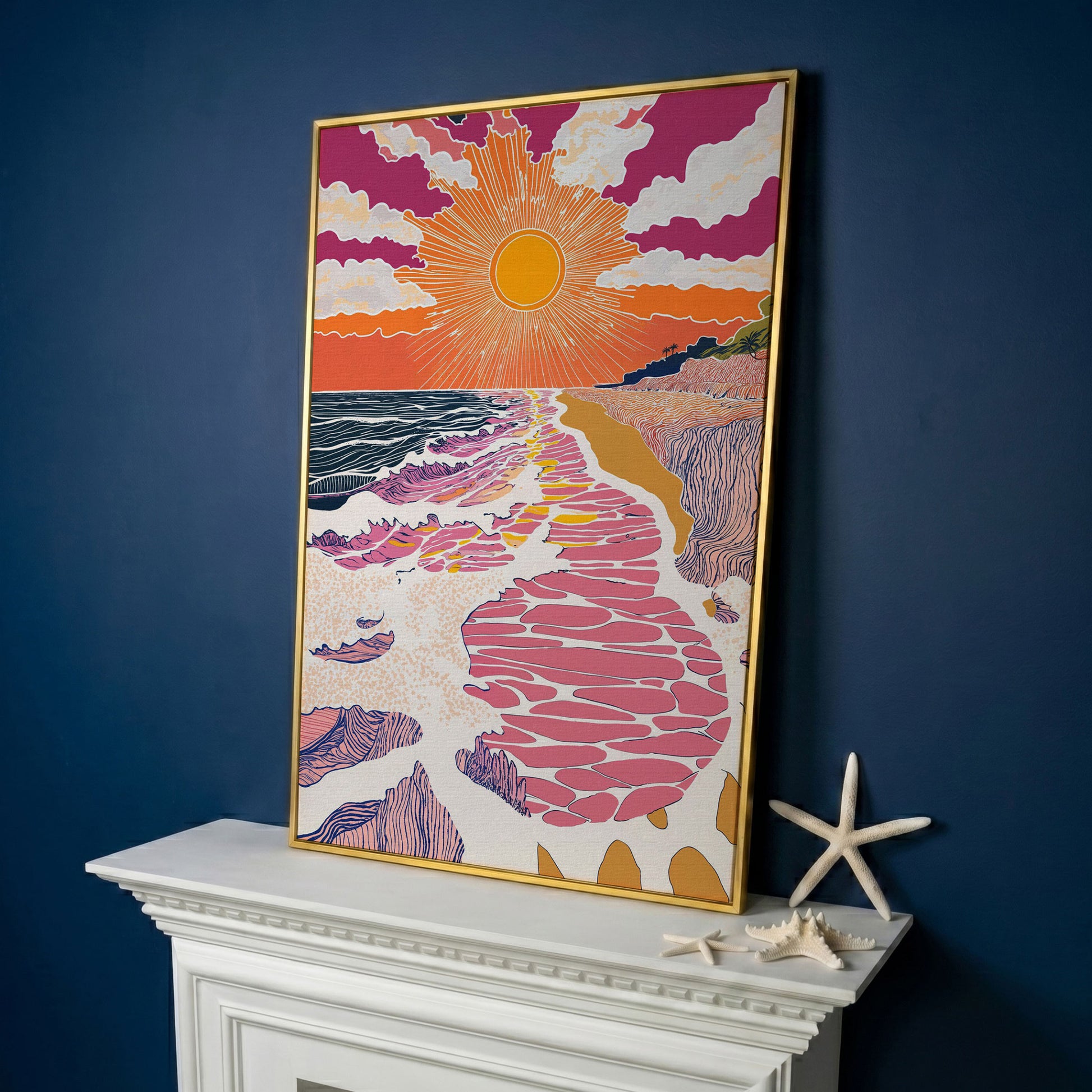 Coastal Sunset Seascape Canvas Art with Waves and Shore Grasses in yellow gold floating frame