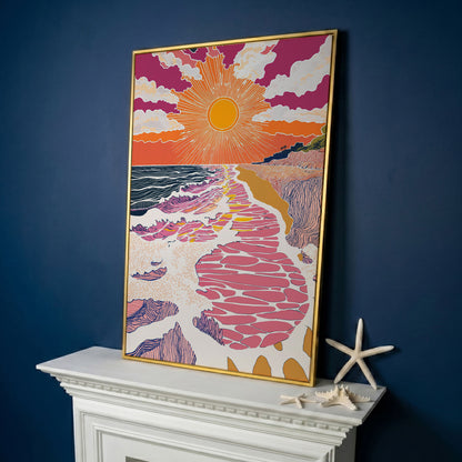 Coastal Sunset Seascape Canvas Art with Waves and Shore Grasses in yellow gold floating frame