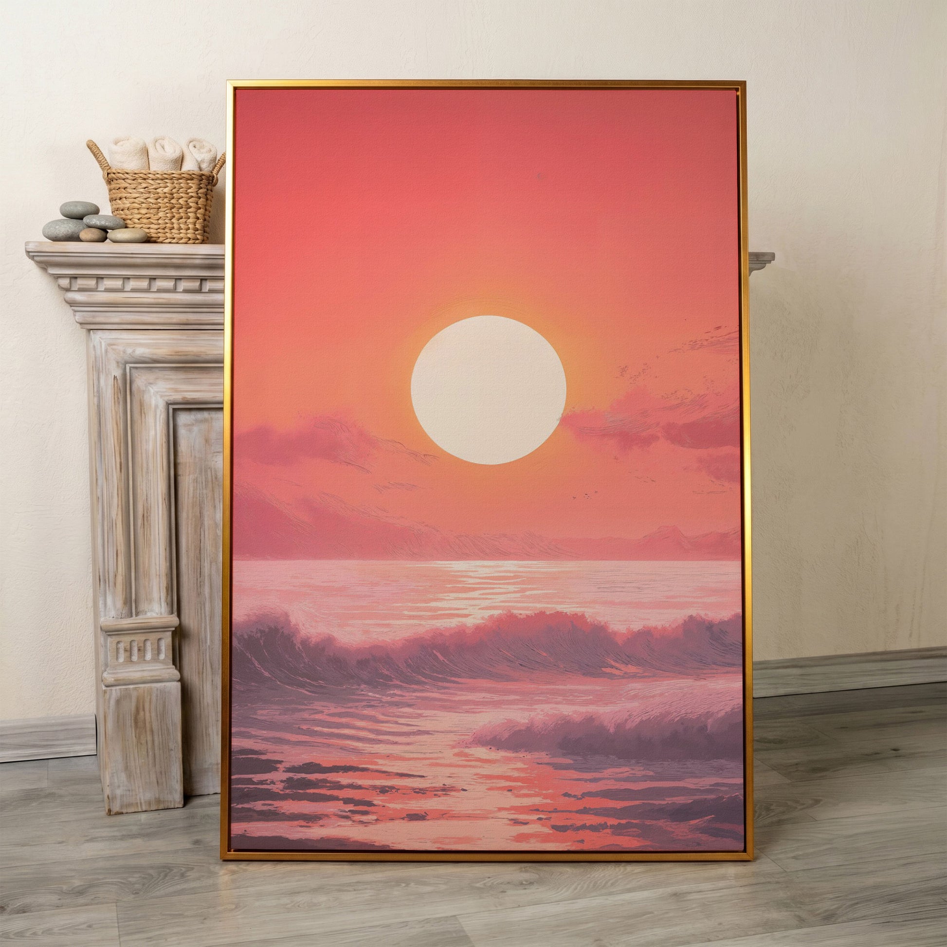 Sunset Seascape Canvas Art. Ocean Horizon at Dusk in antique gold floating frame