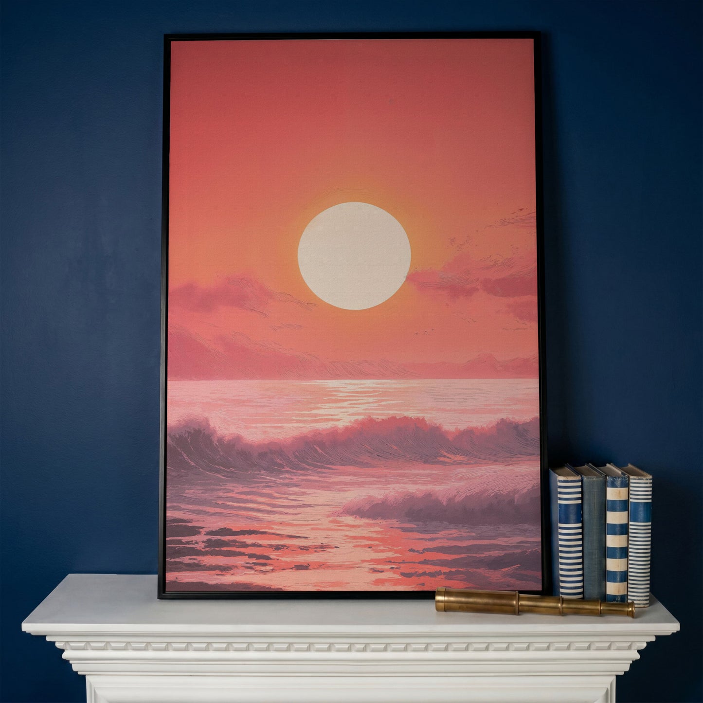 Sunset Seascape Canvas Art. Ocean Horizon at Dusk in black floating frame