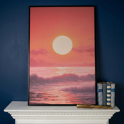Sunset Seascape Canvas Art. Ocean Horizon at Dusk in black floating frame