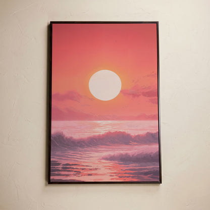 Sunset Seascape Canvas Art. Ocean Horizon at Dusk in dark walnut floating frame