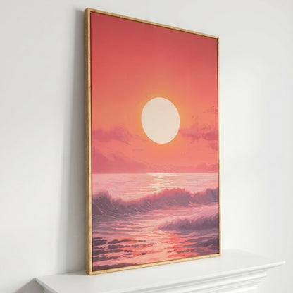 Sunset Seascape Canvas Art. Ocean Horizon at Dusk in white oak floating frame