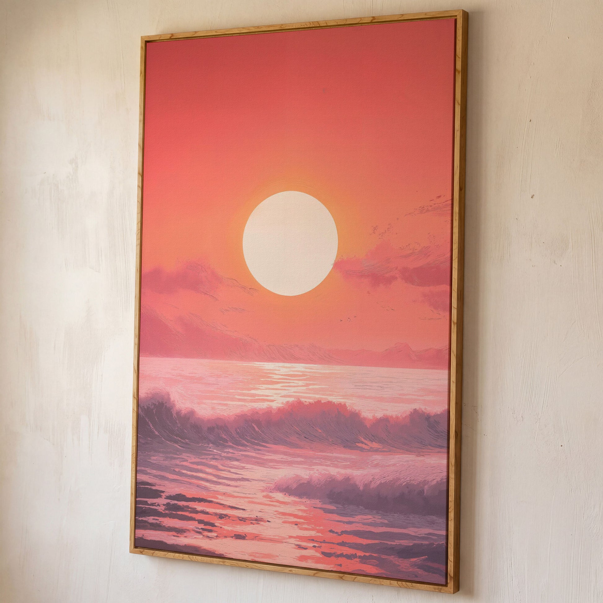 Sunset Seascape Canvas Art. Ocean Horizon at Dusk shown in white oak floating frame