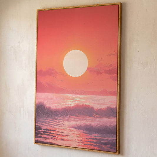 Sunset Seascape Canvas Art. Ocean Horizon at Dusk shown in white oak floating frame