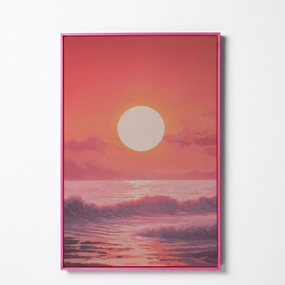Sunset Seascape Canvas Art. Ocean Horizon at Dusk in pink floating frame