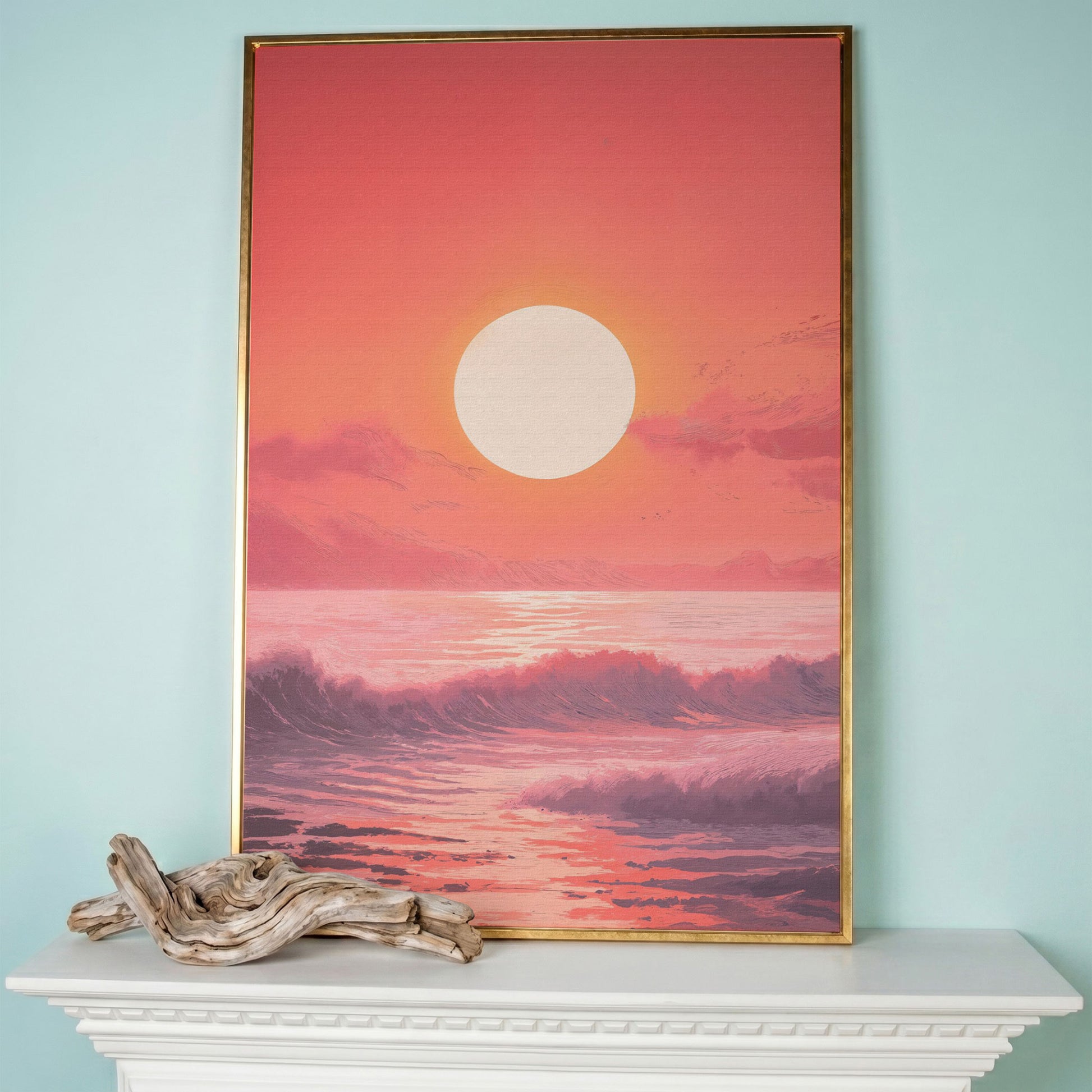 Sunset Seascape Canvas Art. Ocean Horizon at Dusk in rose gold floating frame