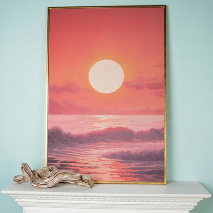 Sunset Seascape Canvas Art. Ocean Horizon at Dusk in rose gold floating frame