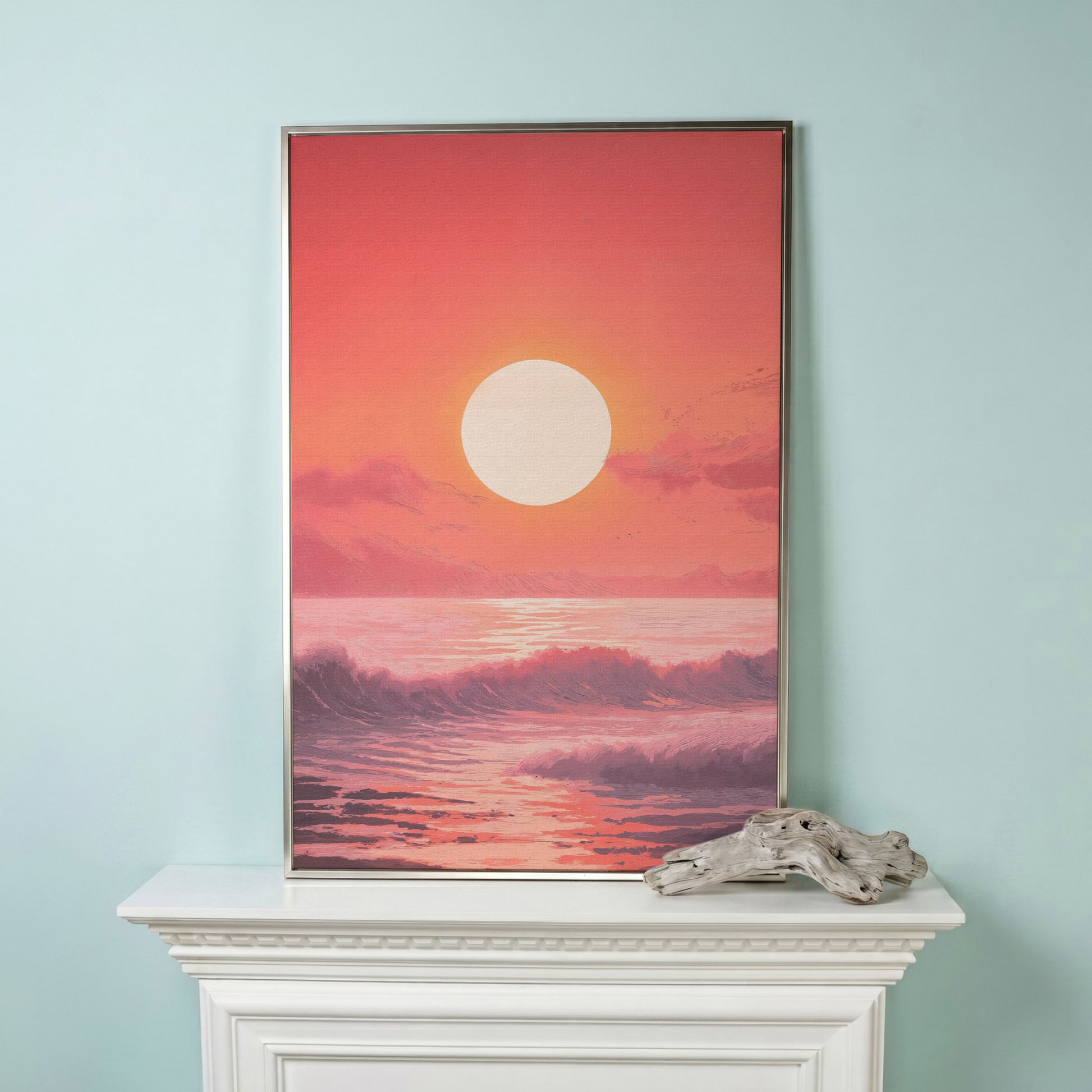 Sunset Seascape Canvas Art. Ocean Horizon at Dusk in silver floating frame