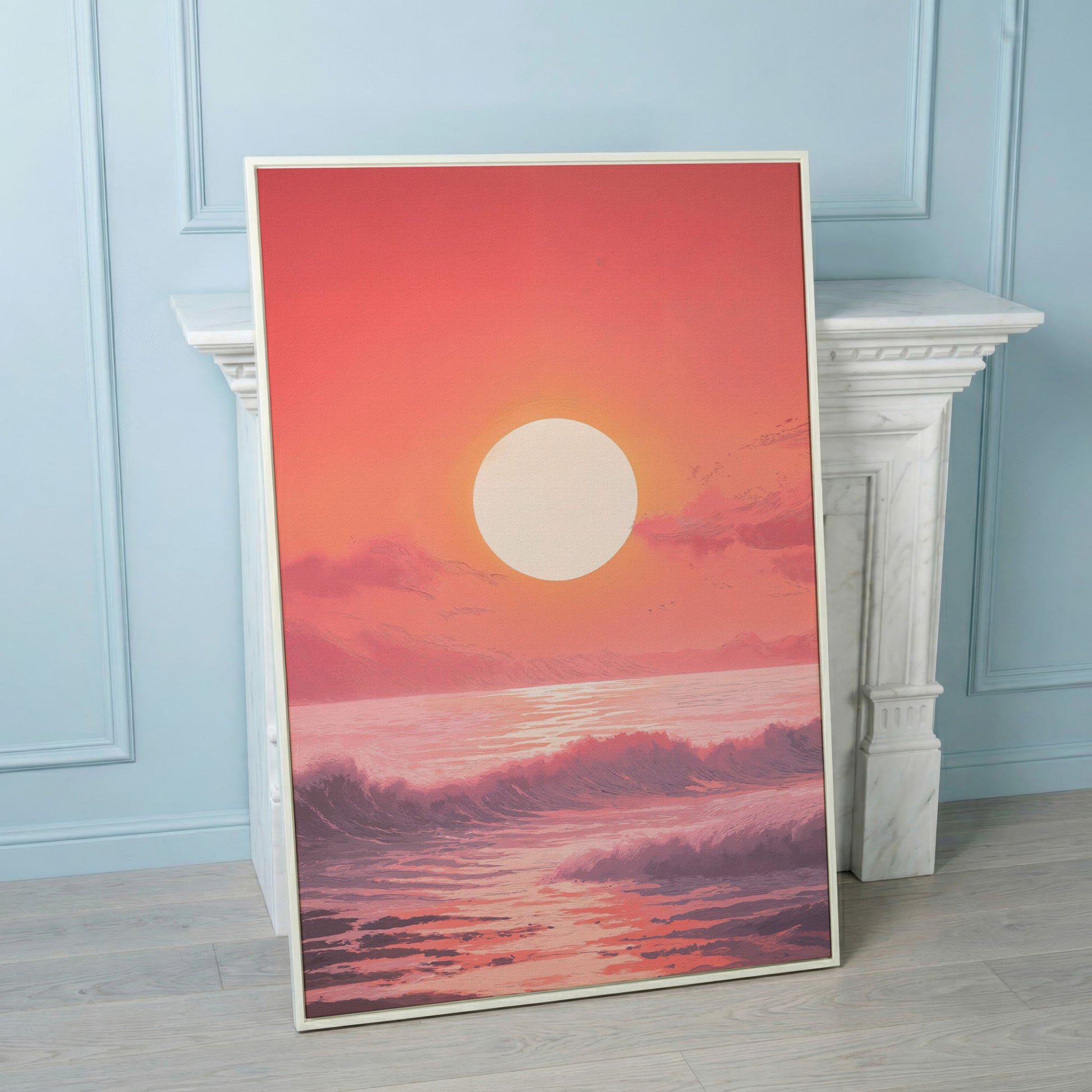 Sunset Seascape Canvas Art. Ocean Horizon at Dusk in white floating frame