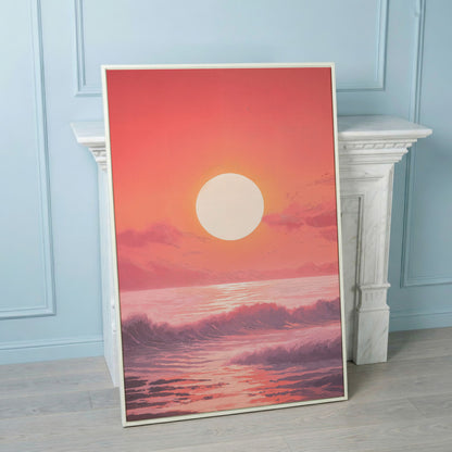 Sunset Seascape Canvas Art. Ocean Horizon at Dusk in white floating frame