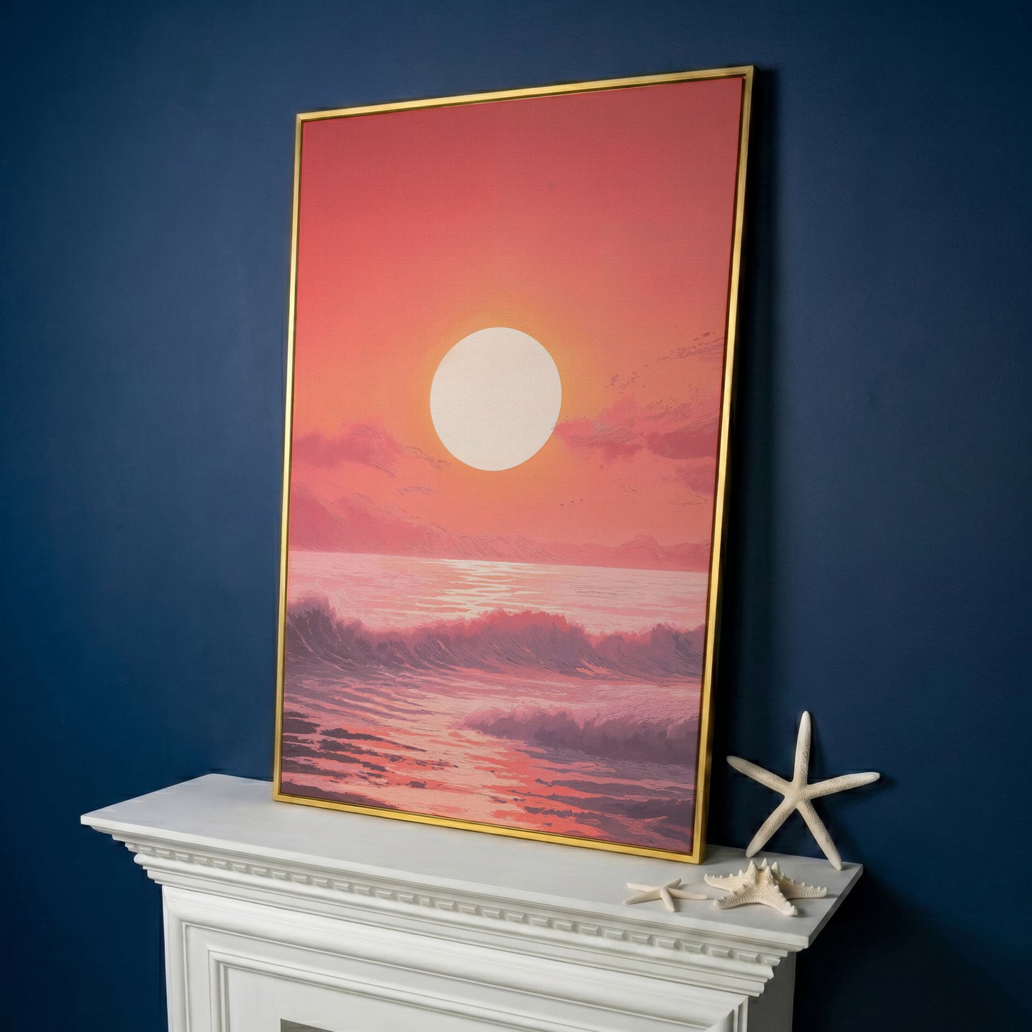 Sunset Seascape Canvas Art. Ocean Horizon at Dusk in yellow gold floating frame