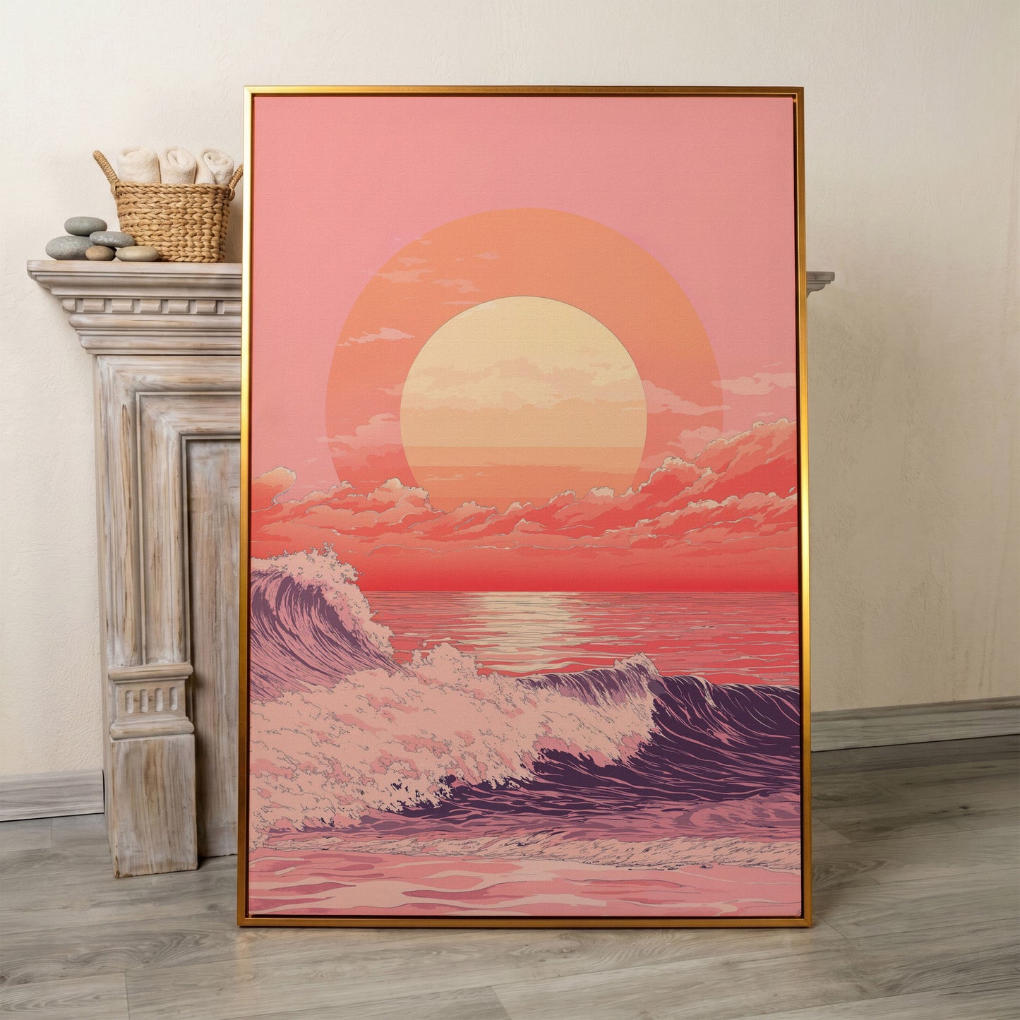 Ocean Sunset Canvas Art, Large Waves and Dramatic Clouds in antique gold floating frame