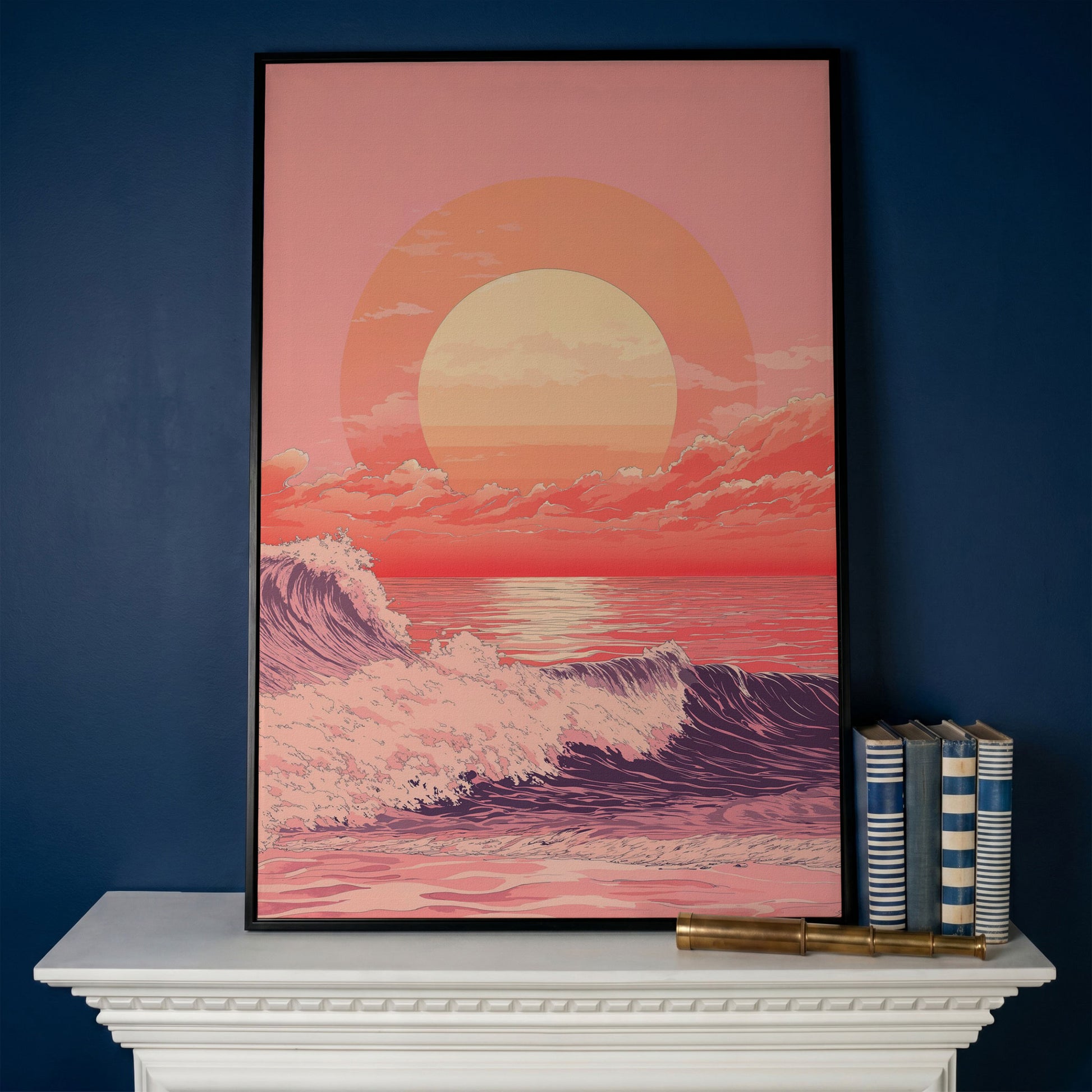 Ocean Sunset Canvas Art, Large Waves and Dramatic Clouds in black floating frame